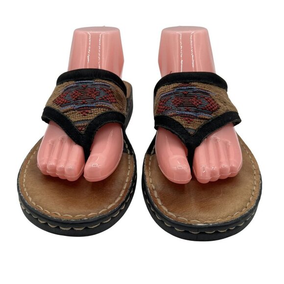 Minnetonka Womens 11 Aztec Leather Woven Thong Sandals Red Blue Boho Tribal - Picture 6 of 10